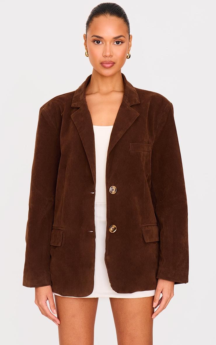  Chocolate Faux Suede Longline Blazer Product Image