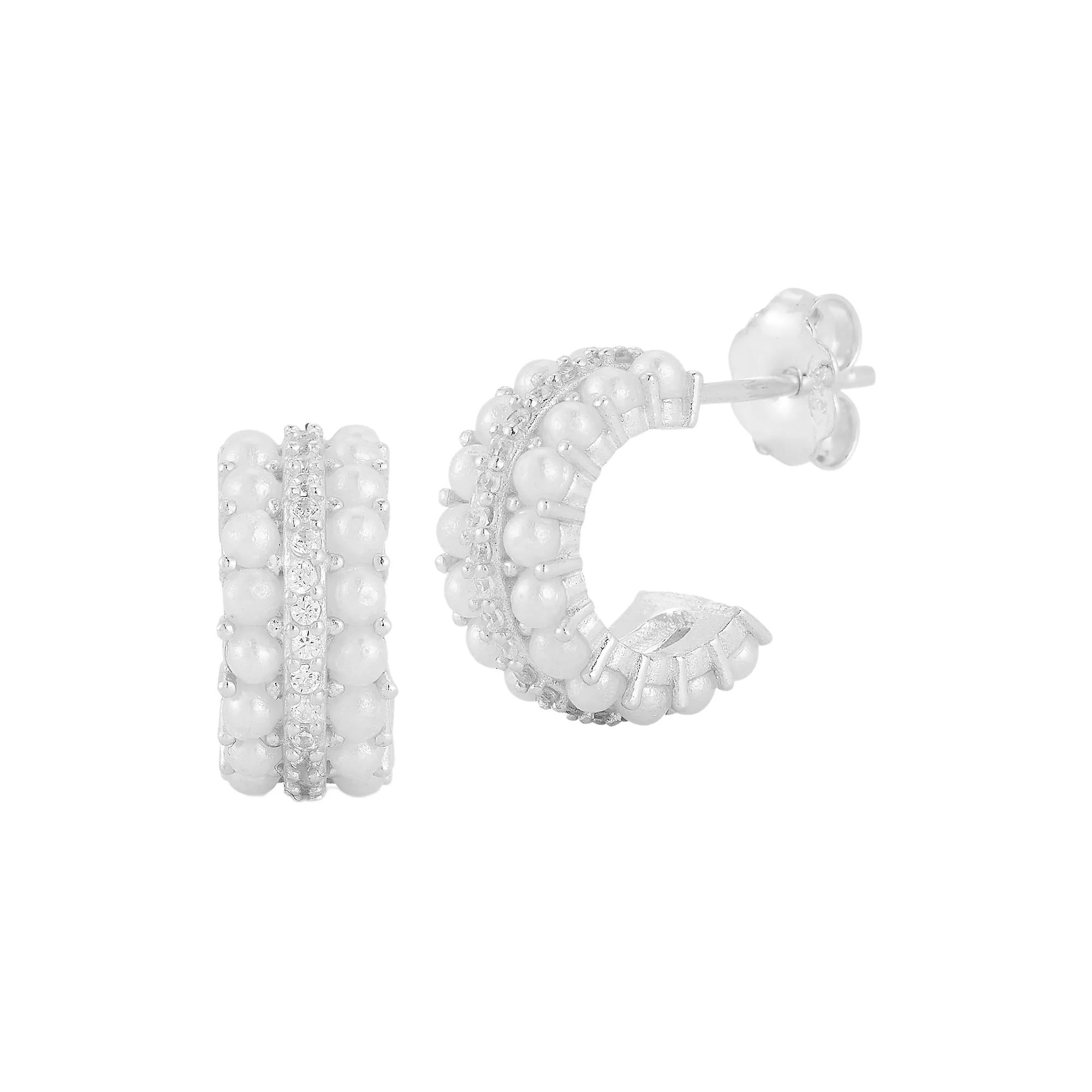 Sunkissed Sterling Sterling Silver Cubic Zirconia & Freshwater Cultured Pearl Huggie Earrings, Women's, Silver Tone Product Image