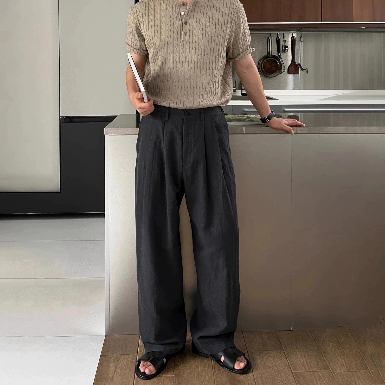 RT No. 18308 LINEN FOLDED PLEATED STRAIGHT PANTS Product Image