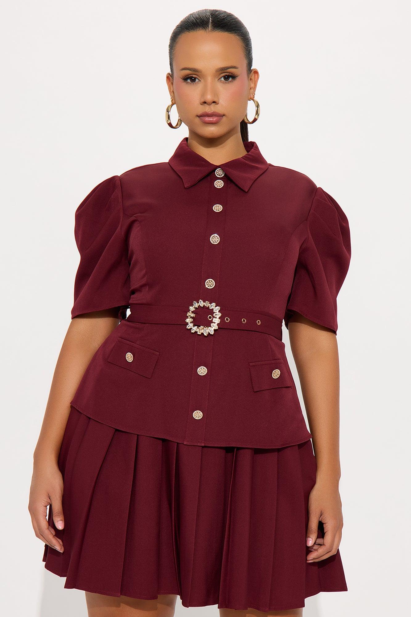 Nadia Belted Pleated Mini Dress - Wine Female Product Image