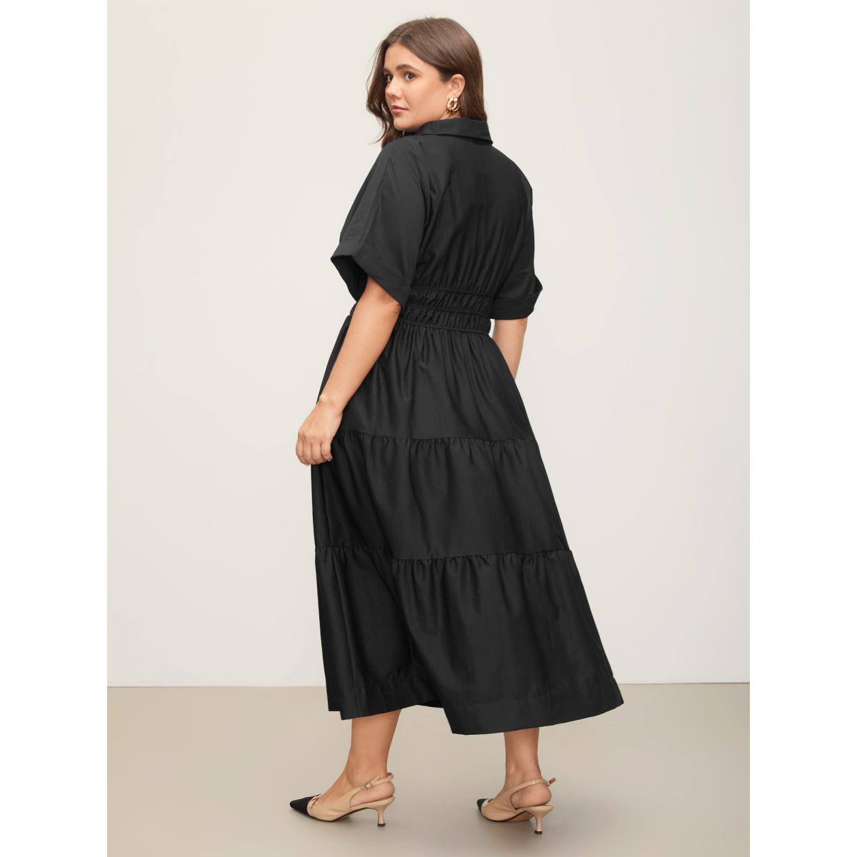 Plus Size Midfield Tiered Midi Shirt Dress Black Women Office Gathered Shirt collar Short sleeve Curvy BloomChic 30/6X Product Image