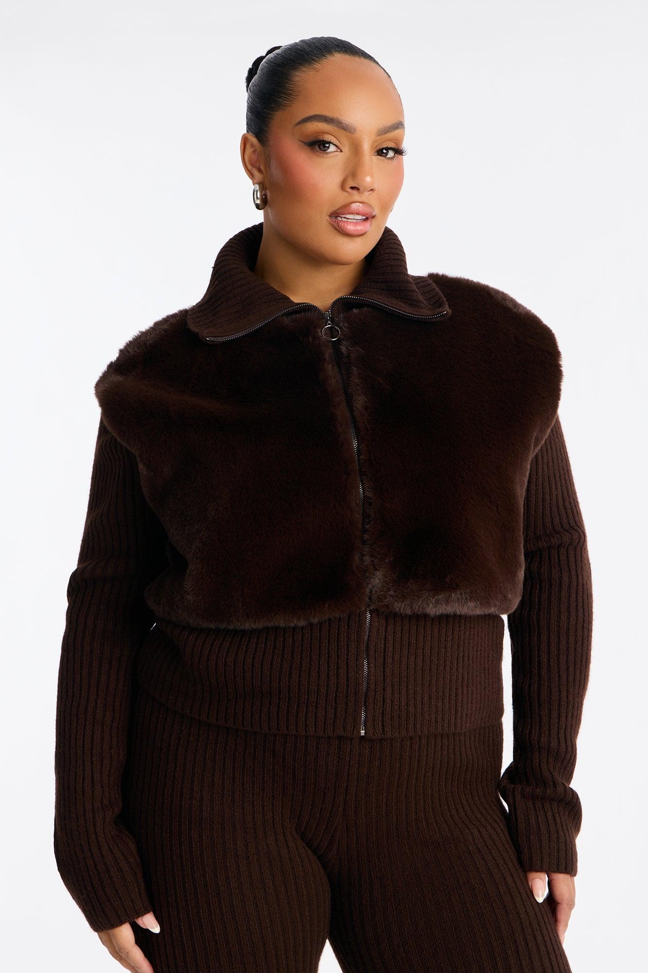 Nina Fur Trim Flare Leg Pant Set - Chocolate Female Product Image