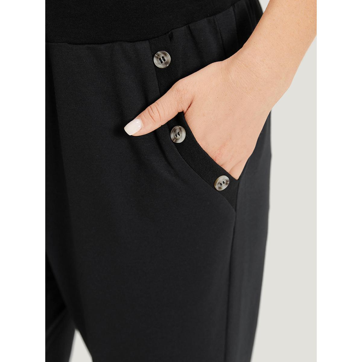 Plain Pocket Button Detail High Rise Sweatpants Black Plus Size Women Casual Dailywear Plain 22-24/3X Bloomchic Product Image