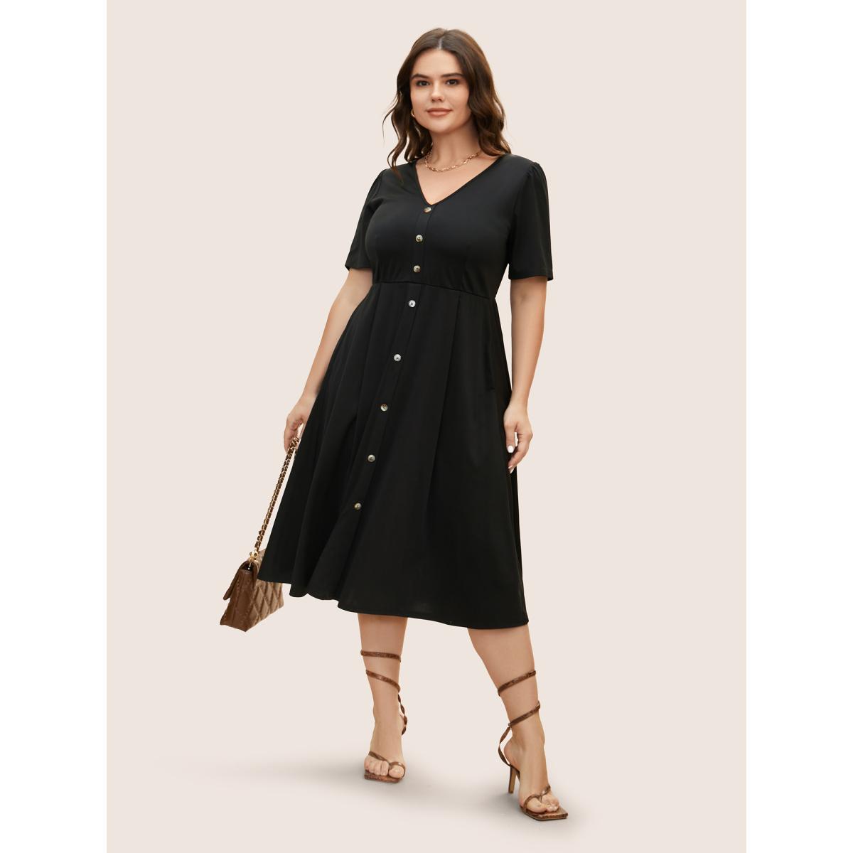 Plus Size V Neck Button Detail Elastic Waist Midi Dress Black Women At the Office Button V-neck Short sleeve Curvy BloomChic 30/6X Product Image