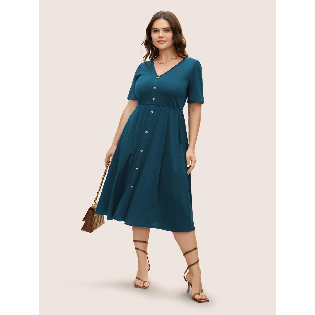 Plus Size V Neck Button Detail Elastic Waist Midi Dress Teal Women At the Office Button V-neck Short sleeve Curvy BloomChic 22-24/3X Product Image
