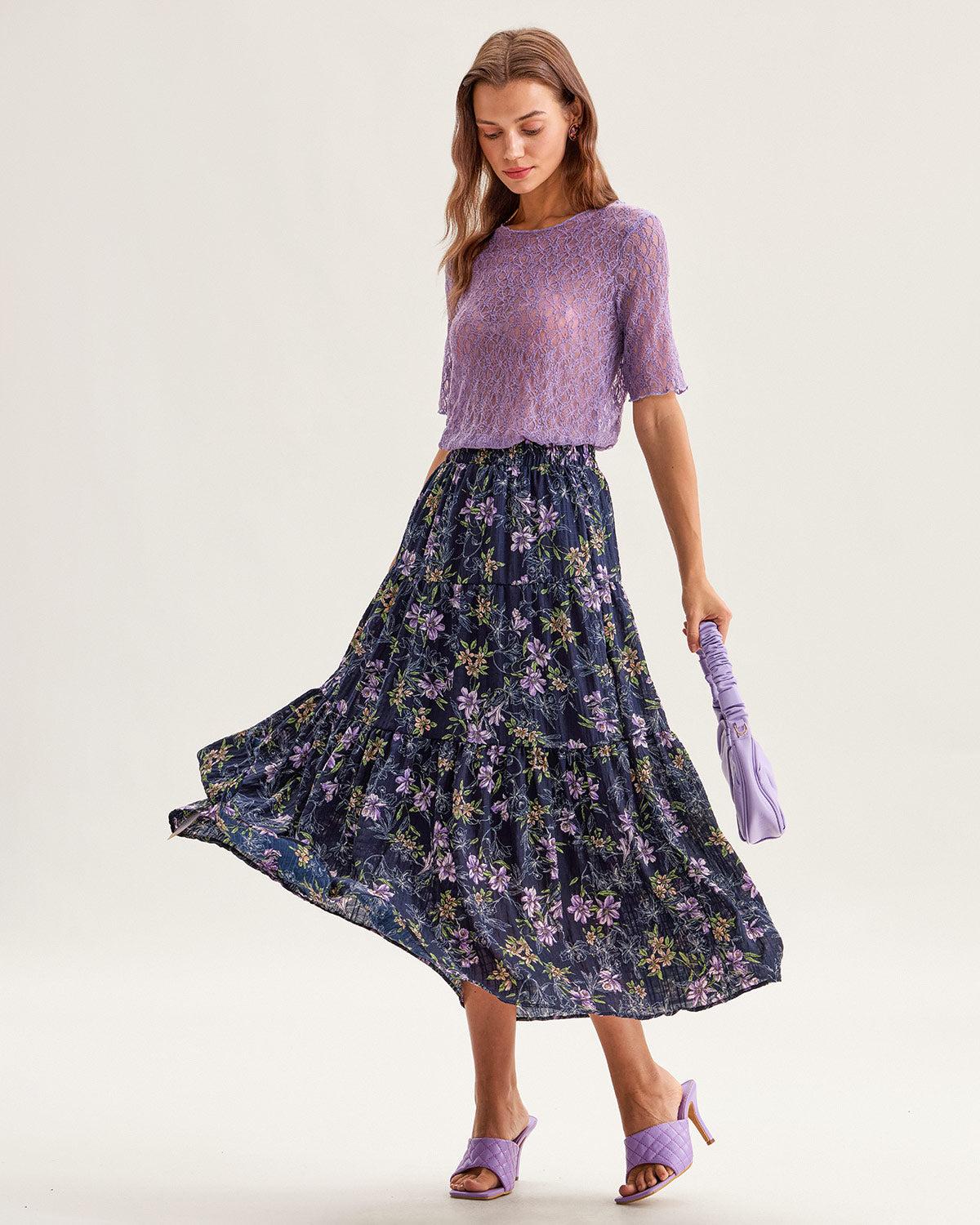 Black Floral Elastic Waist Midi Skirt Product Image