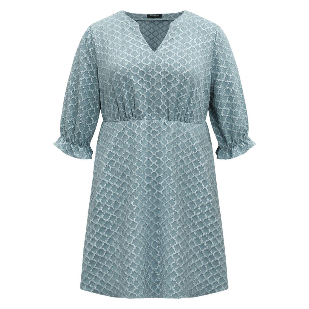 Plus Size Geo Plisse Pocket Lantern Sleeve Notched Dress Stone Women Office Elastic cuffs Notched collar Half Sleeve Curvy Knee Dress BloomChic 18-20/2X Product Image