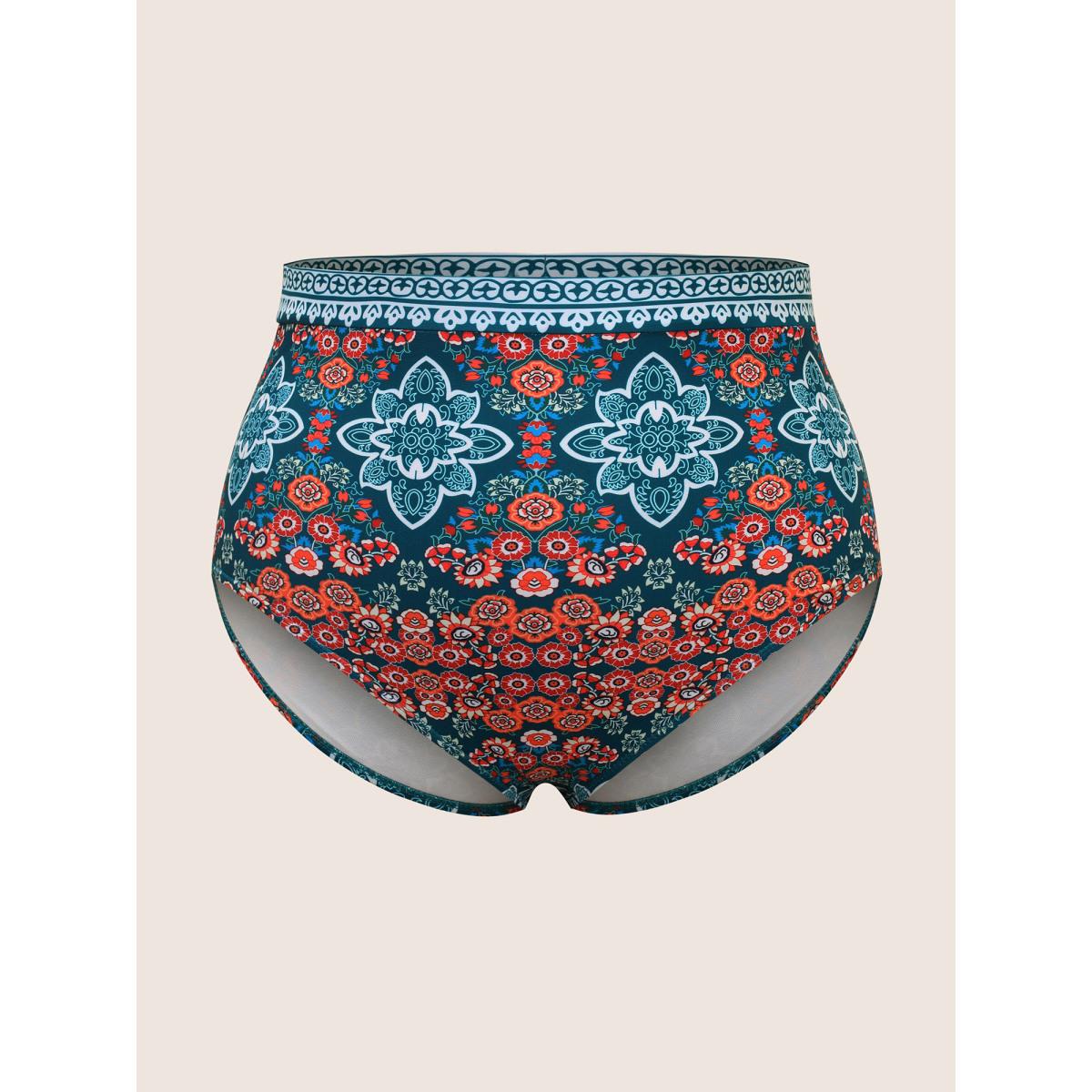 Plus Size Boho Print Surplice Neck Adjustable Swim Dress Women's Swimwear Cyan Beach Bodycon Overlap Collar High stretch Curve Swim Dresses BloomChic 28/5X Product Image