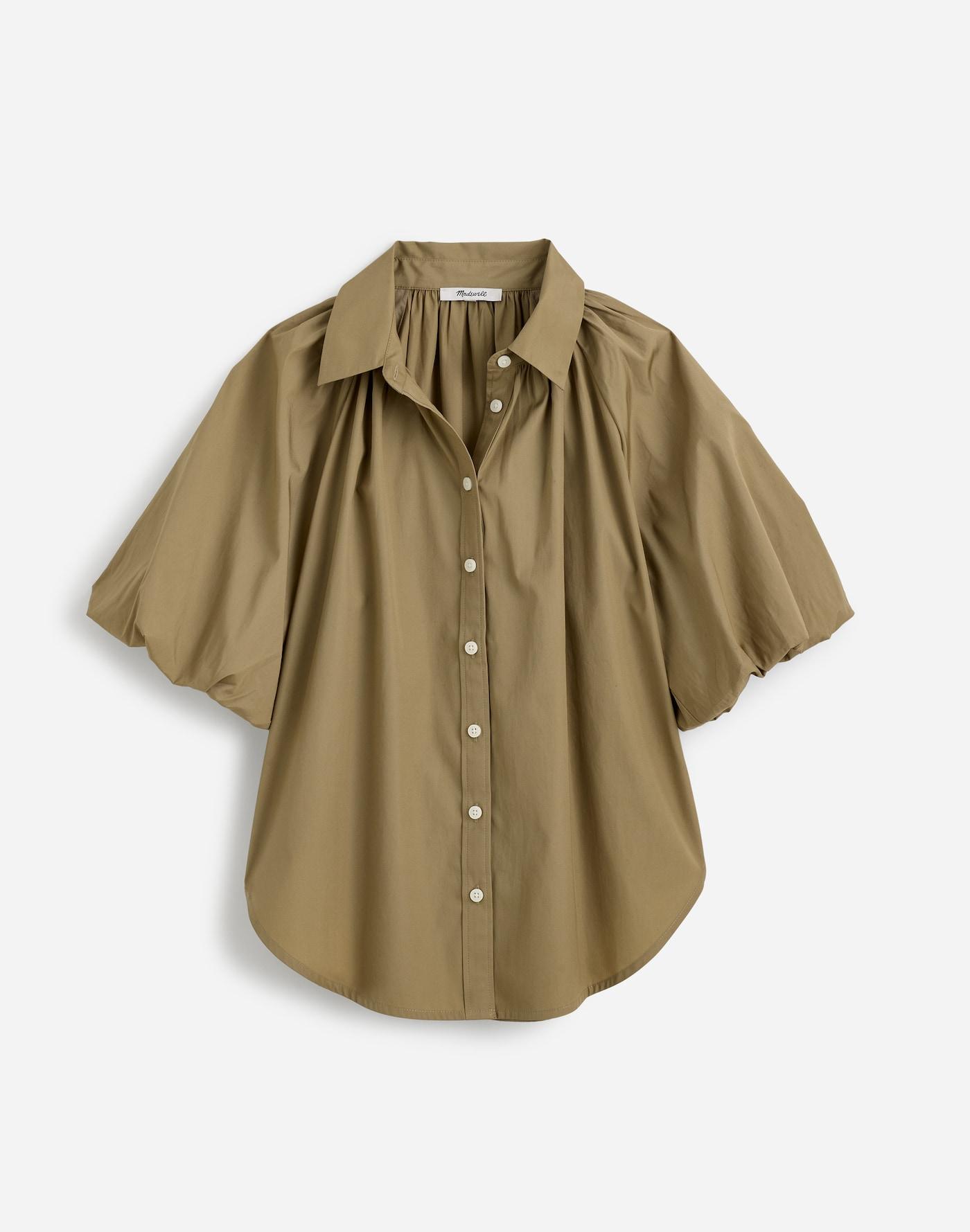 Shirred Bubble-Sleeve Button-Up Shirt Product Image