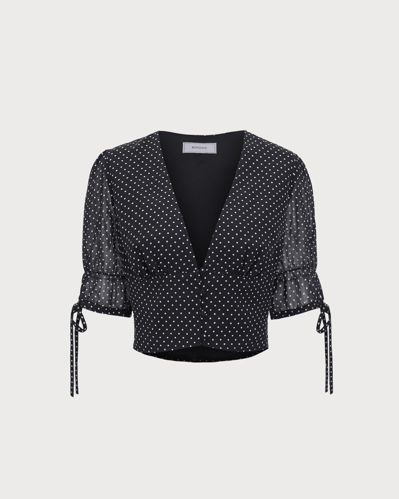 Black V-Neck Polka Dot Blouse Product Image