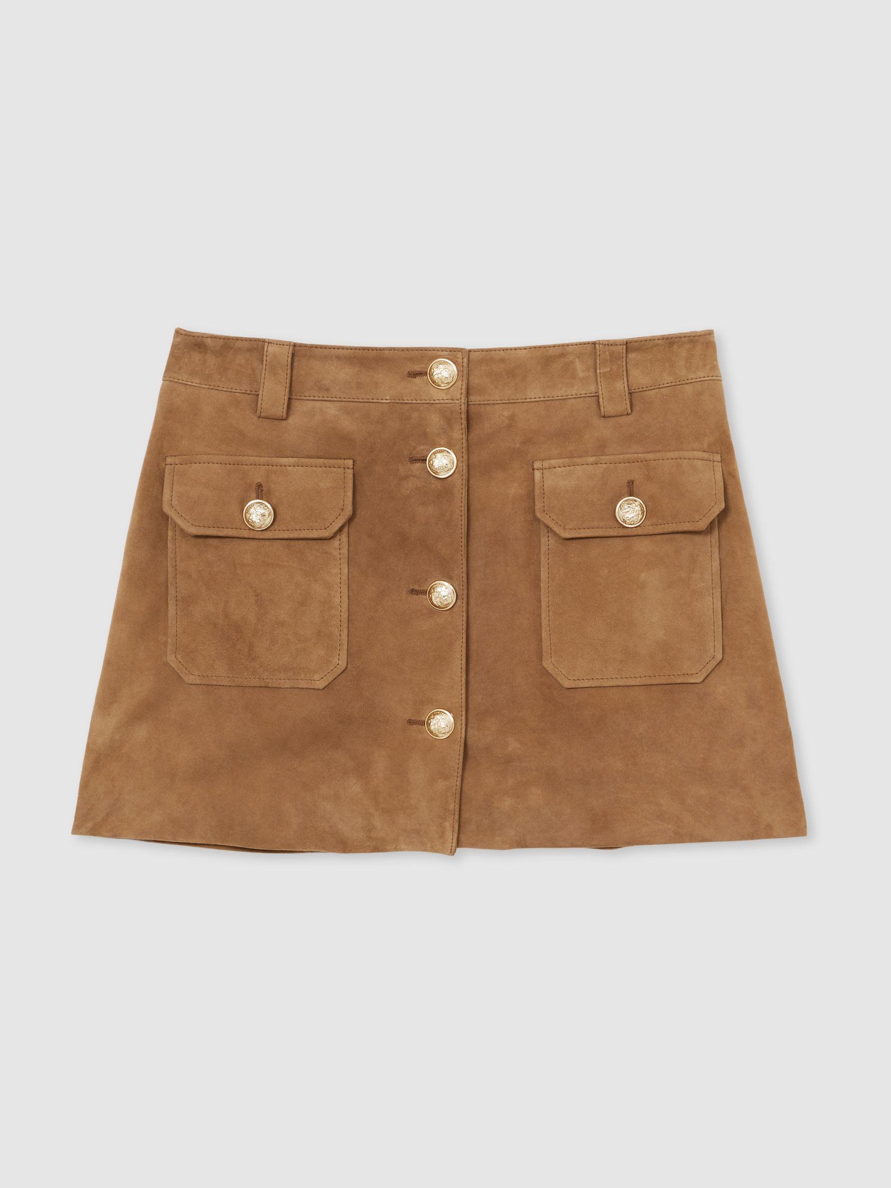 Suede Button-Through Mini Skirt in Tan Product Image