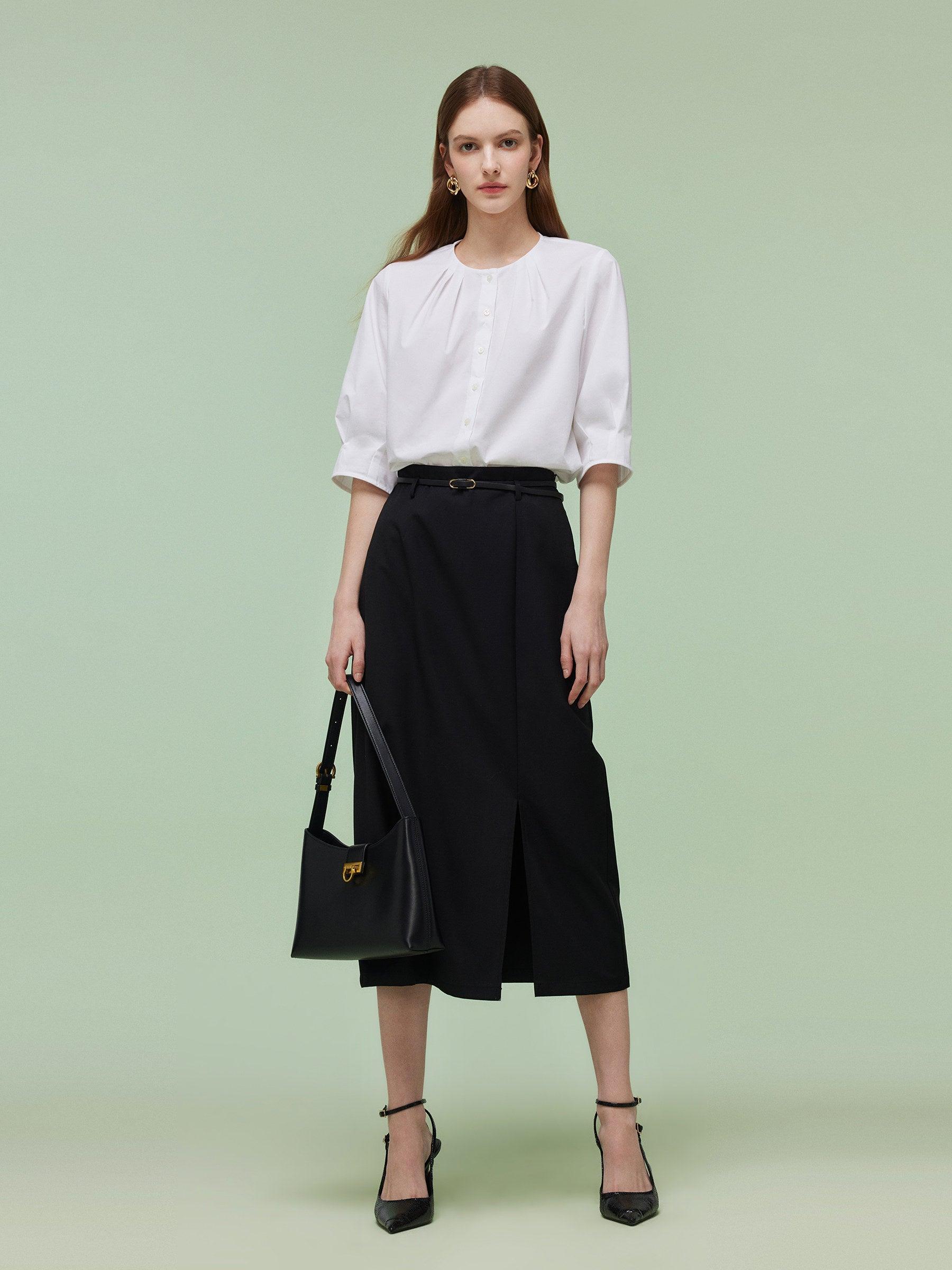3/4 Sleeve Shirt And Front Slit Skirt Two-Piece Set With Leather Belt Product Image
