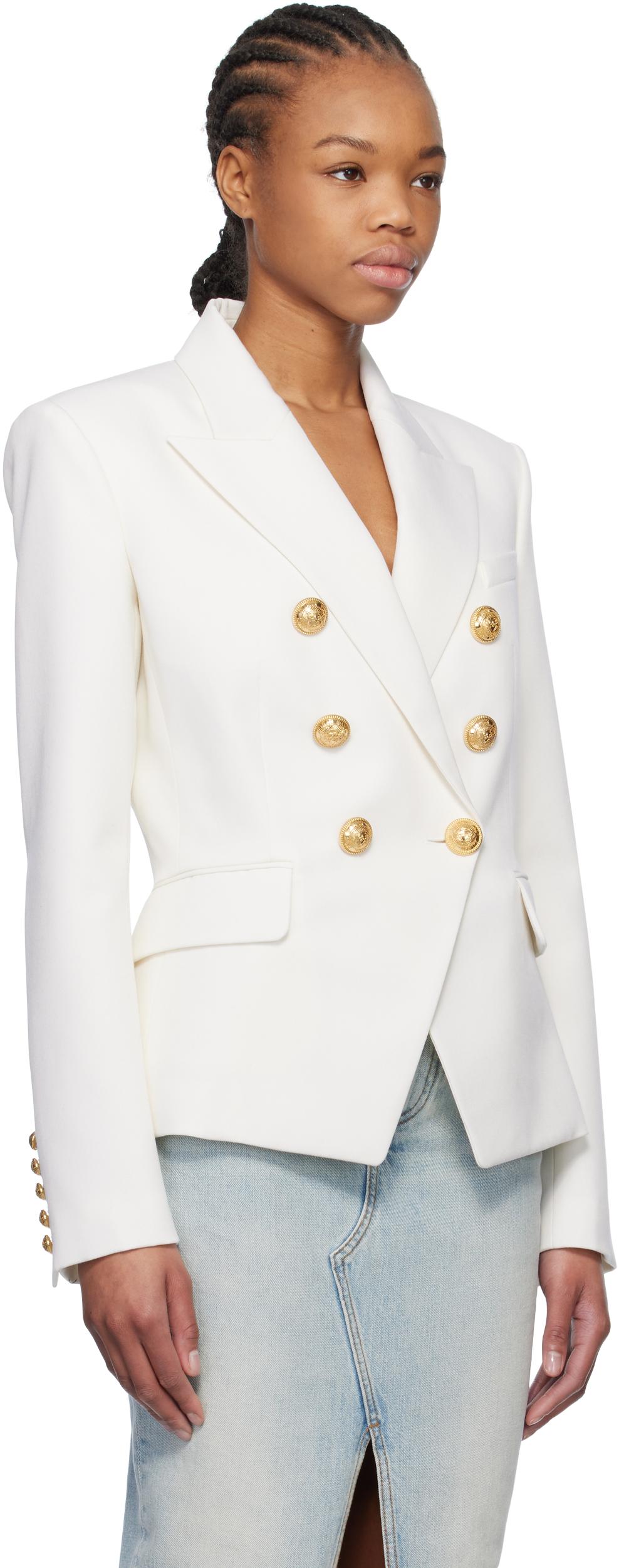 BALMAIN Double-breasted Structured Denim Blazer With Peak Lapel In White Product Image