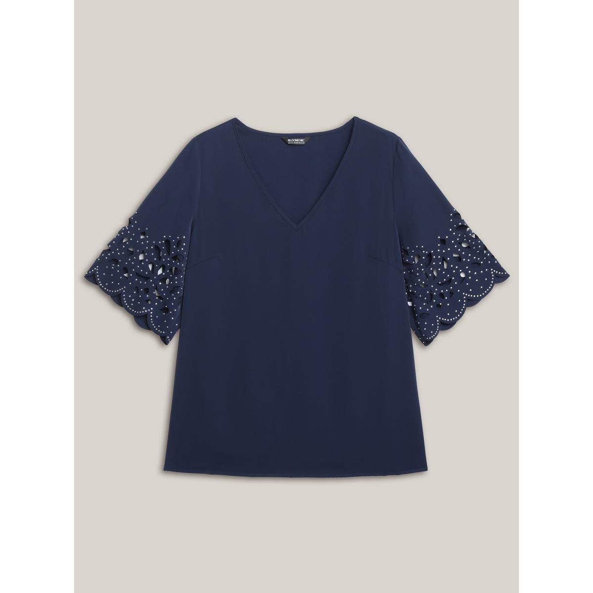 Plus Size DarkBlue Floral Cut-Out Sequin Solid Blouse Women Timeless Elbow-length sleeve V-neck Elegant Blouses BloomChic 22-24/3X Product Image