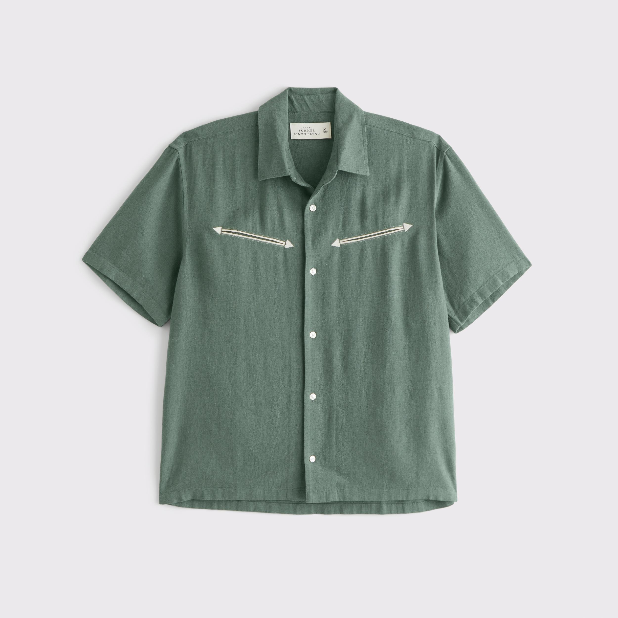 Short-Sleeve Summer Linen-Blend Button-Up Shirt Product Image