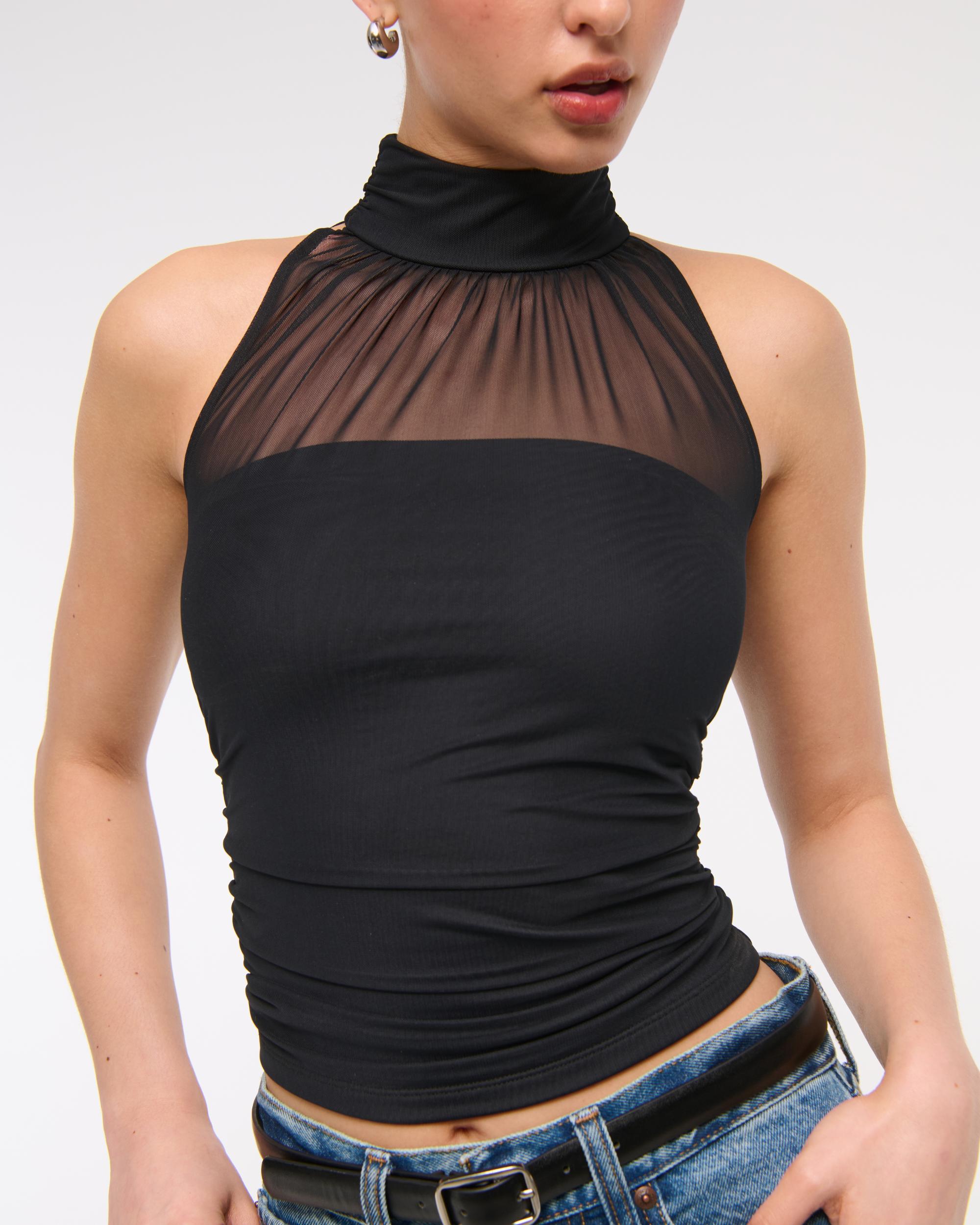 Ruched Mesh Halter Top Product Image