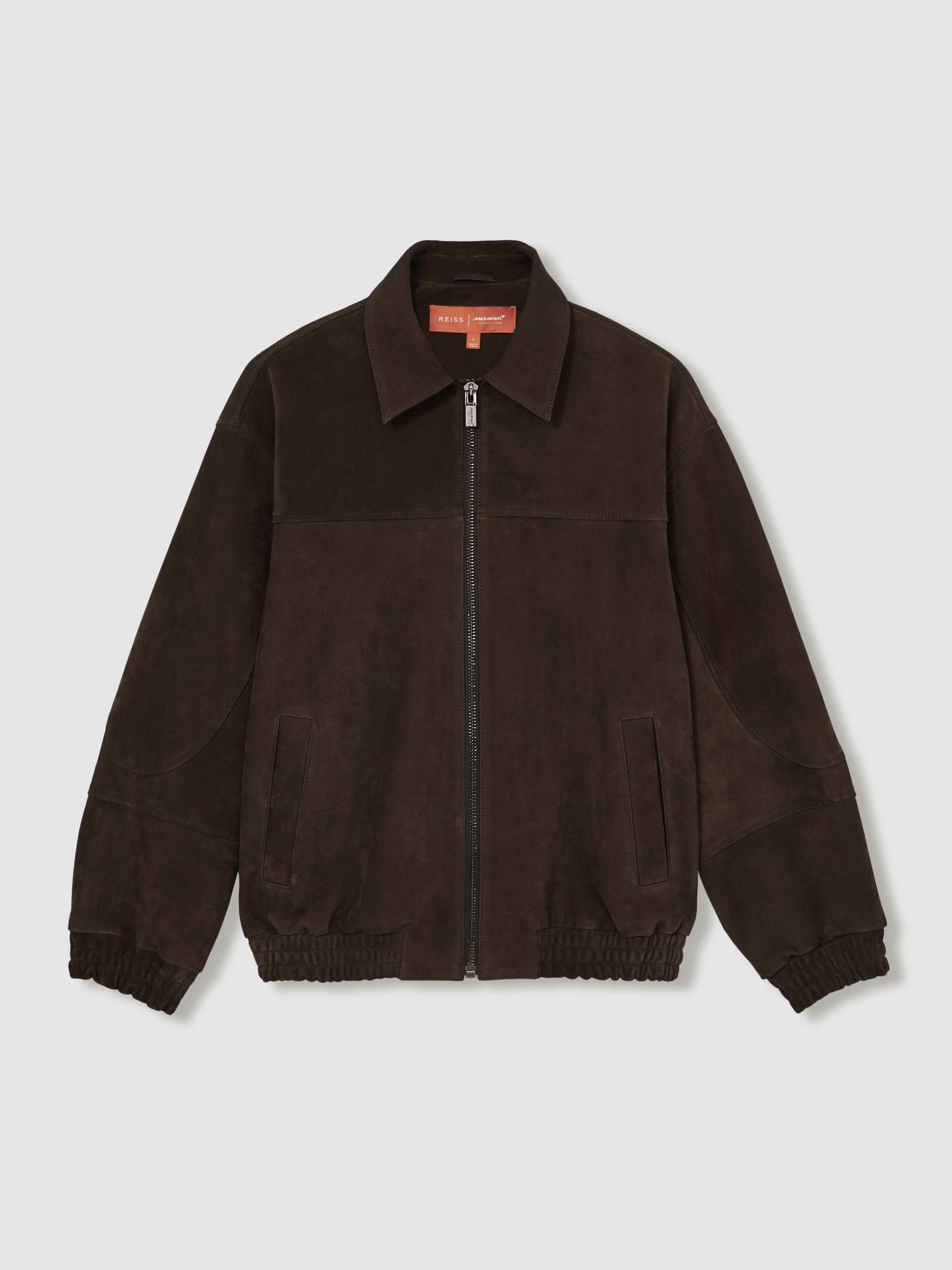 McLaren F1 Team Suede Bomber Jacket in Chocolate Brown Product Image