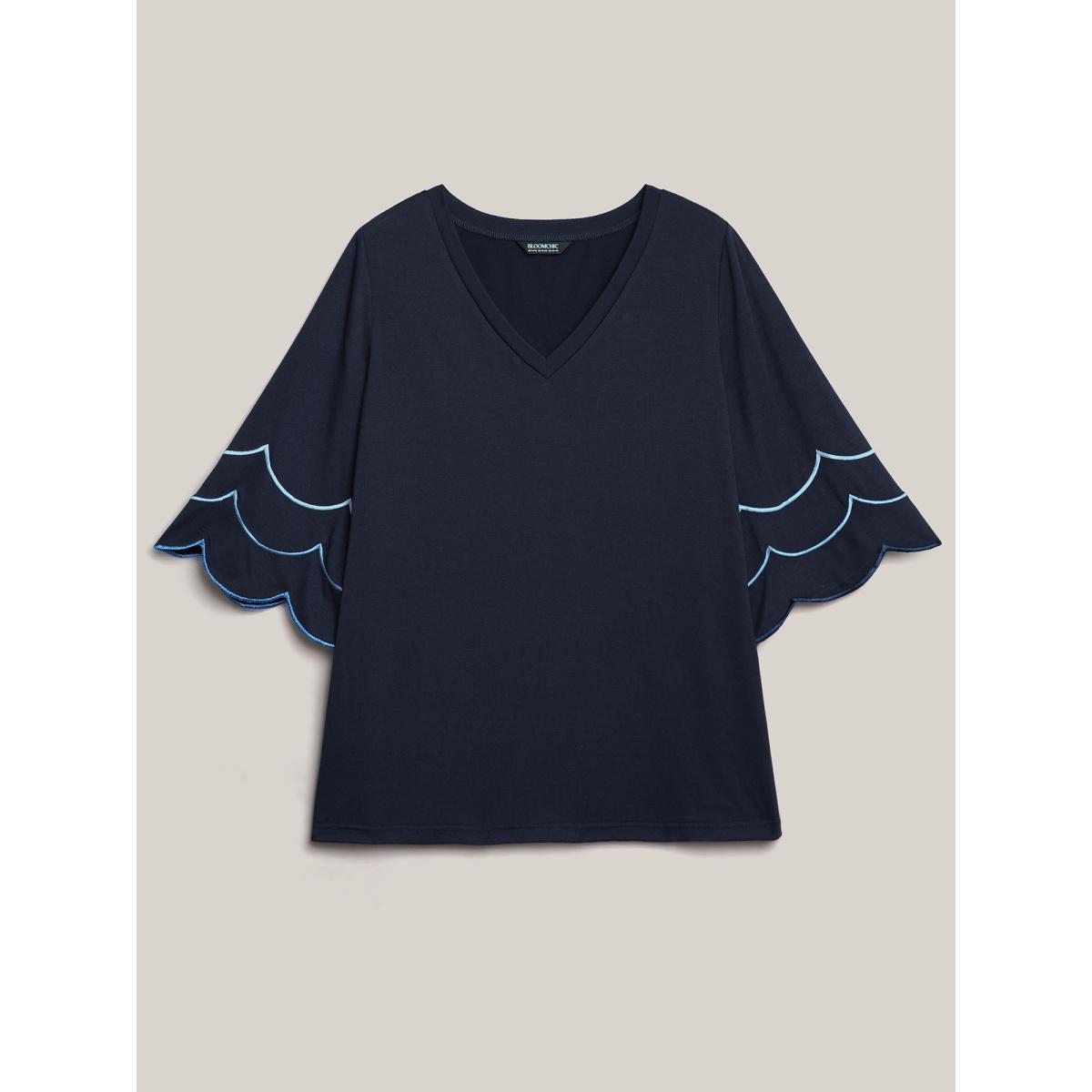 Plus Size Embroidered Trumpet Sleeve V-Neck T-Shirt Indigo Women Casual Embroidered V-neck Everyday T-shirts BloomChic 22-24/3X Product Image