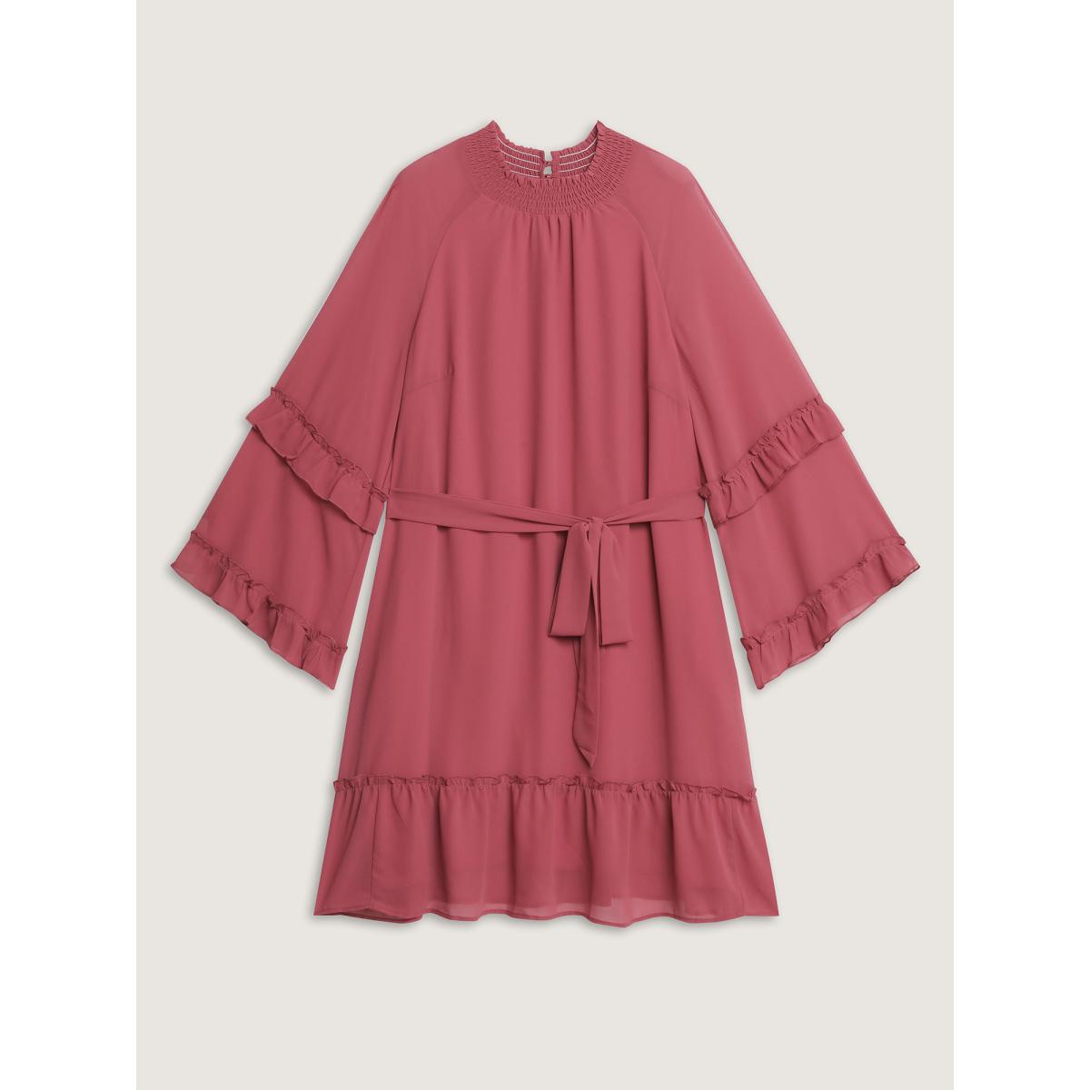 Plus Size Sheer Ruffled Gathered Neck Belted Midi Dress Rouge Women Timeless Stand-up collar Long Sleeve Curvy BloomChic 26/4X Product Image