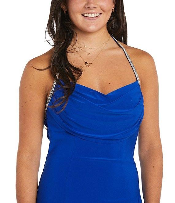 Morgan & Co. Halter Draped Neck Rhinestone Strap Side Slit Gown Product Image