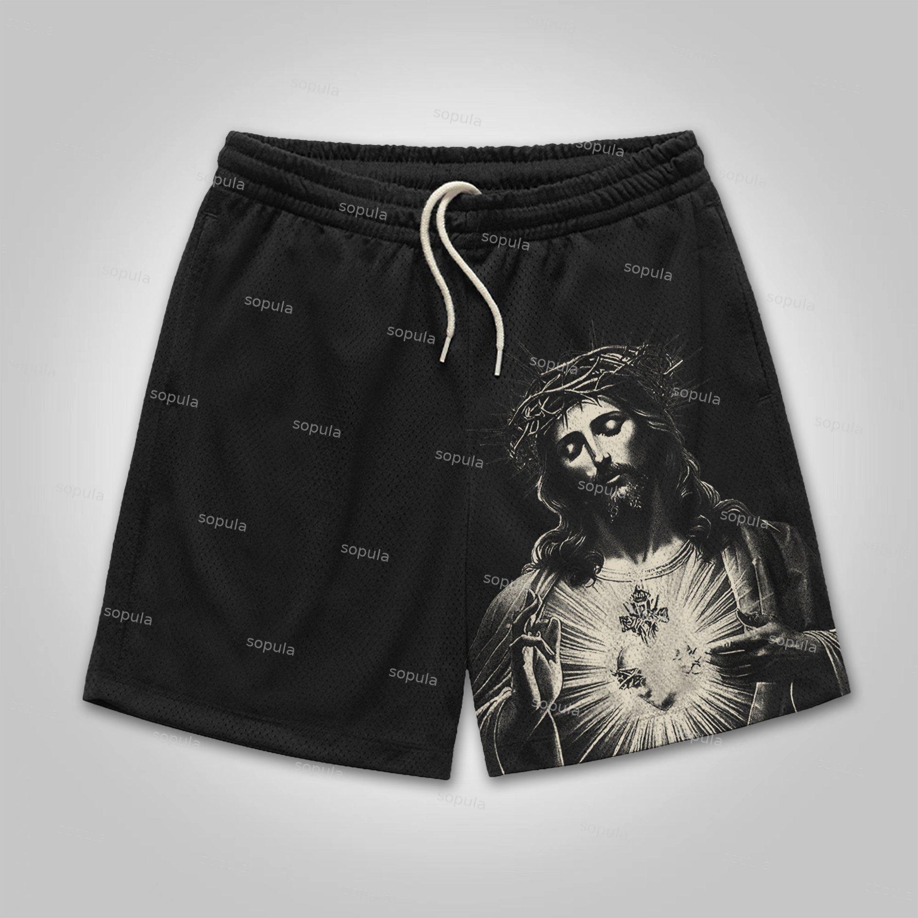 Sopula Outlet Vintage Jesus Graphic Mesh Shorts Product Image
