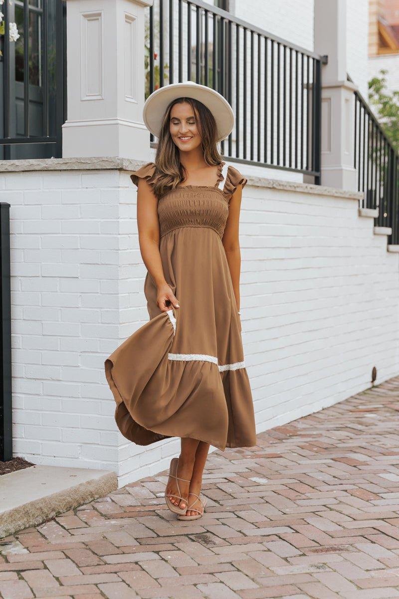 Brown Contrast Flutter Sleeve Midi Dress - FINAL SALE Female Product Image