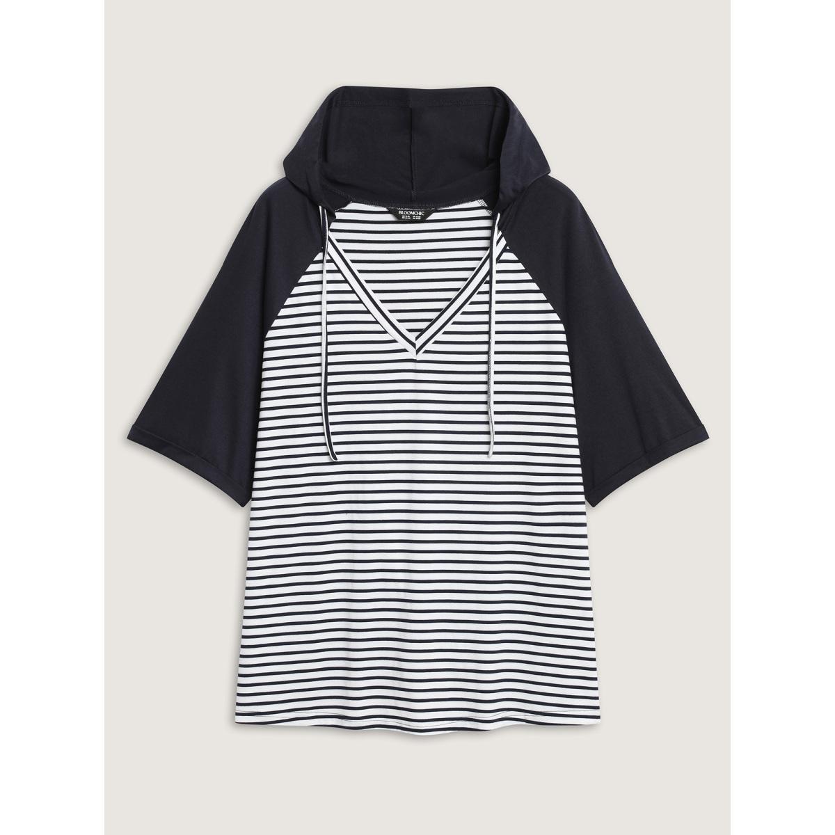 Plus Size Striped Raglan Hooded Contrast T-Shirt Indigo Women Contrast Hooded Everyday-Casual T-shirts BloomChic 12/L Product Image