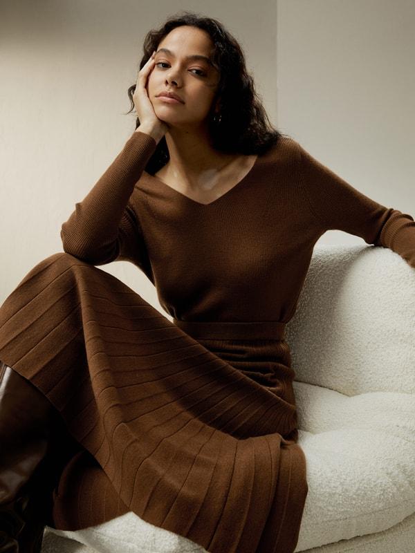 LILYSILK Women Silk Skirt Merino Wool Caramel 100% Ultra Fine Merino Wool Over-The-Knee Length M Product Image