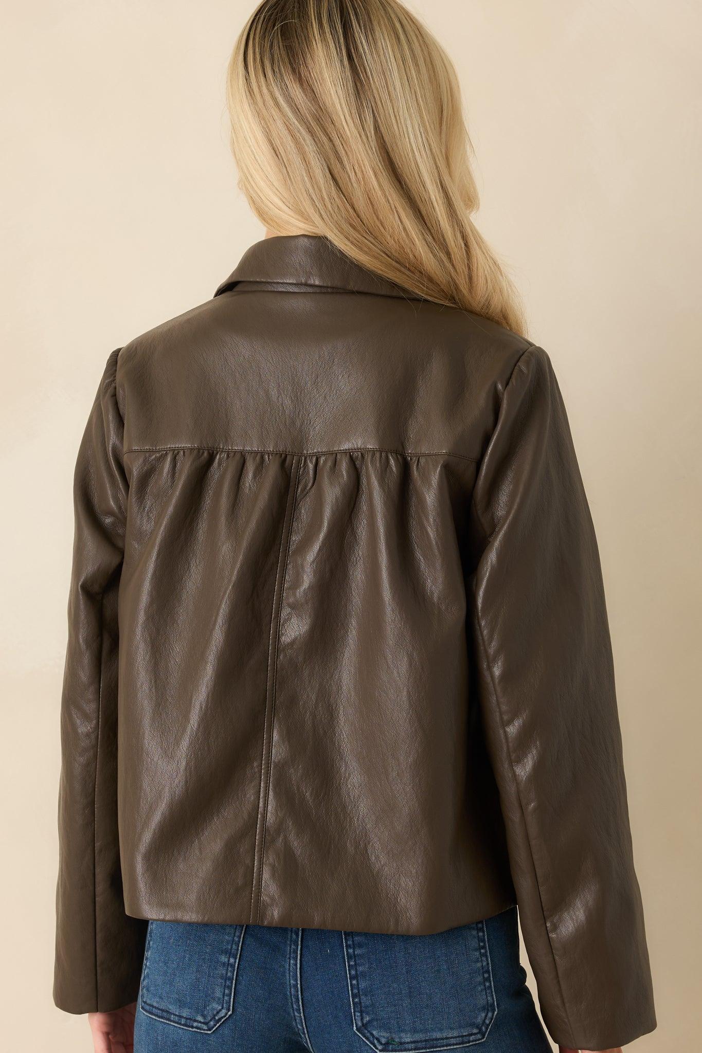 City Limits Chocolate Brown Faux Leather Button Up Jacket Product Image