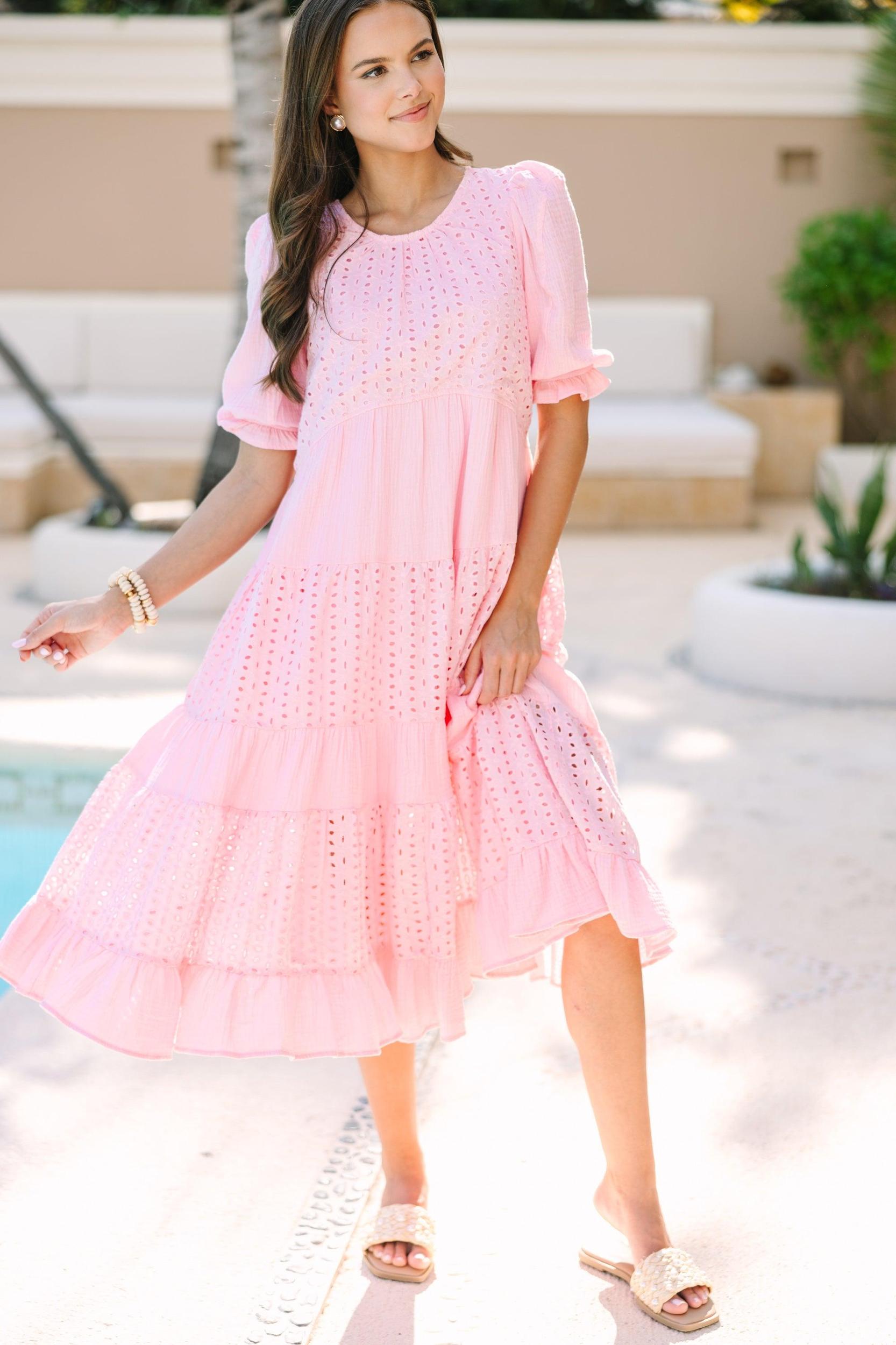 Making Moves Pink Eyelet Midi Dress Female Product Image