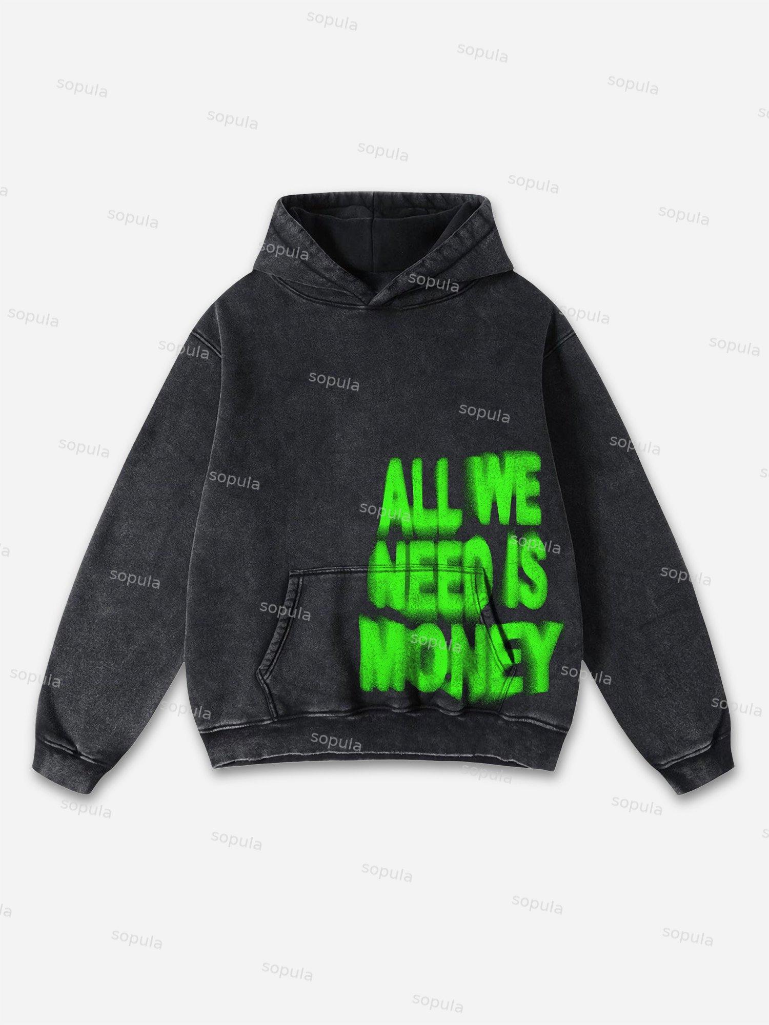 Sopula Vintage All We Need Is Money Graphic Acid Washed Oversized Hoodie Product Image