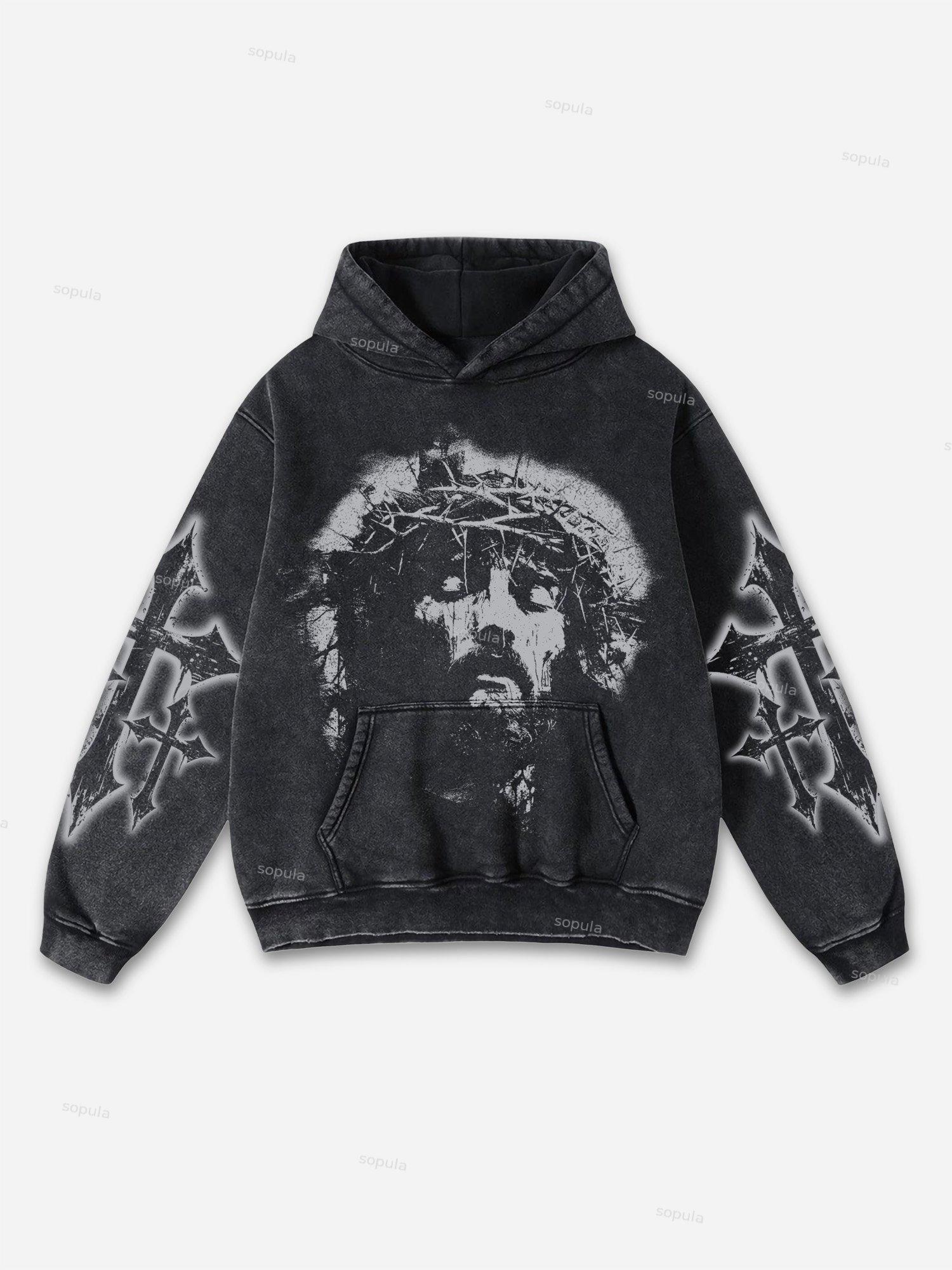 Vintage Jesus Print Graphic Acid Washed Oversized Hoodie Product Image
