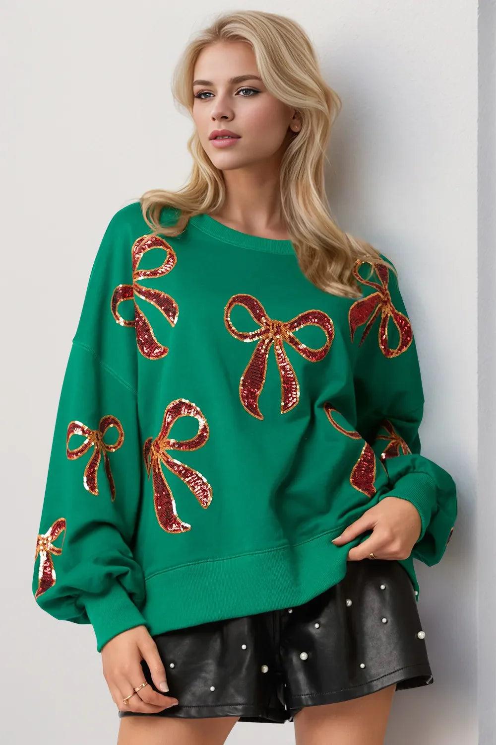 Double Take Christmas Bow Sequin Round Neck Dropped Shoulder Sweatshirt Product Image