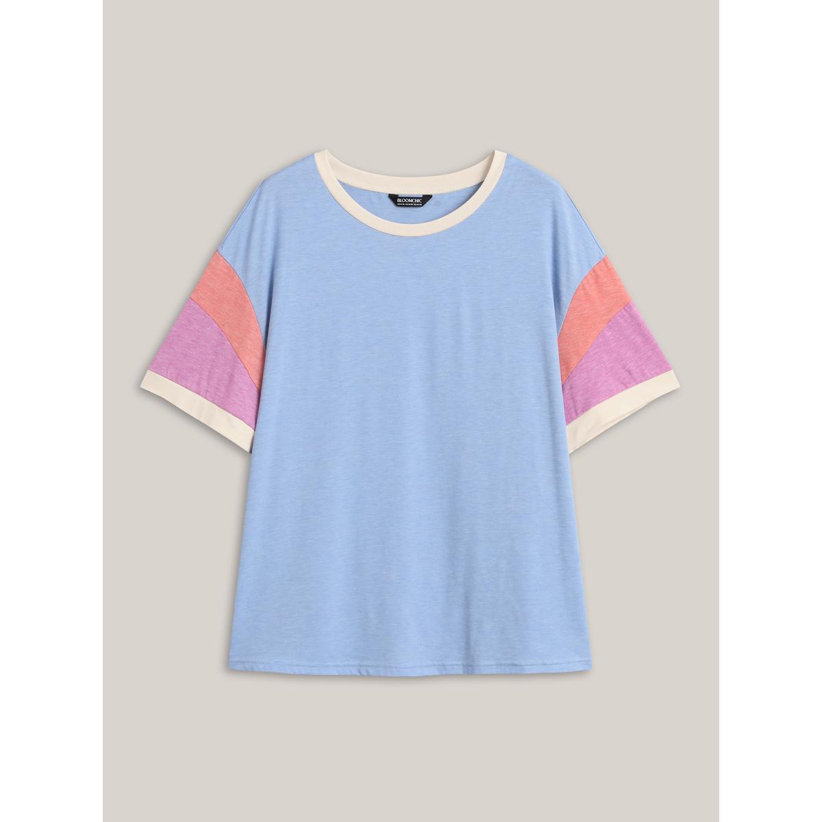 Plus Size Supersoft Stretchy Color Contrast T-Shirt LightBlue Women Leisure Contrast Round Neck Casual T-shirts BloomChic 12/L Product Image