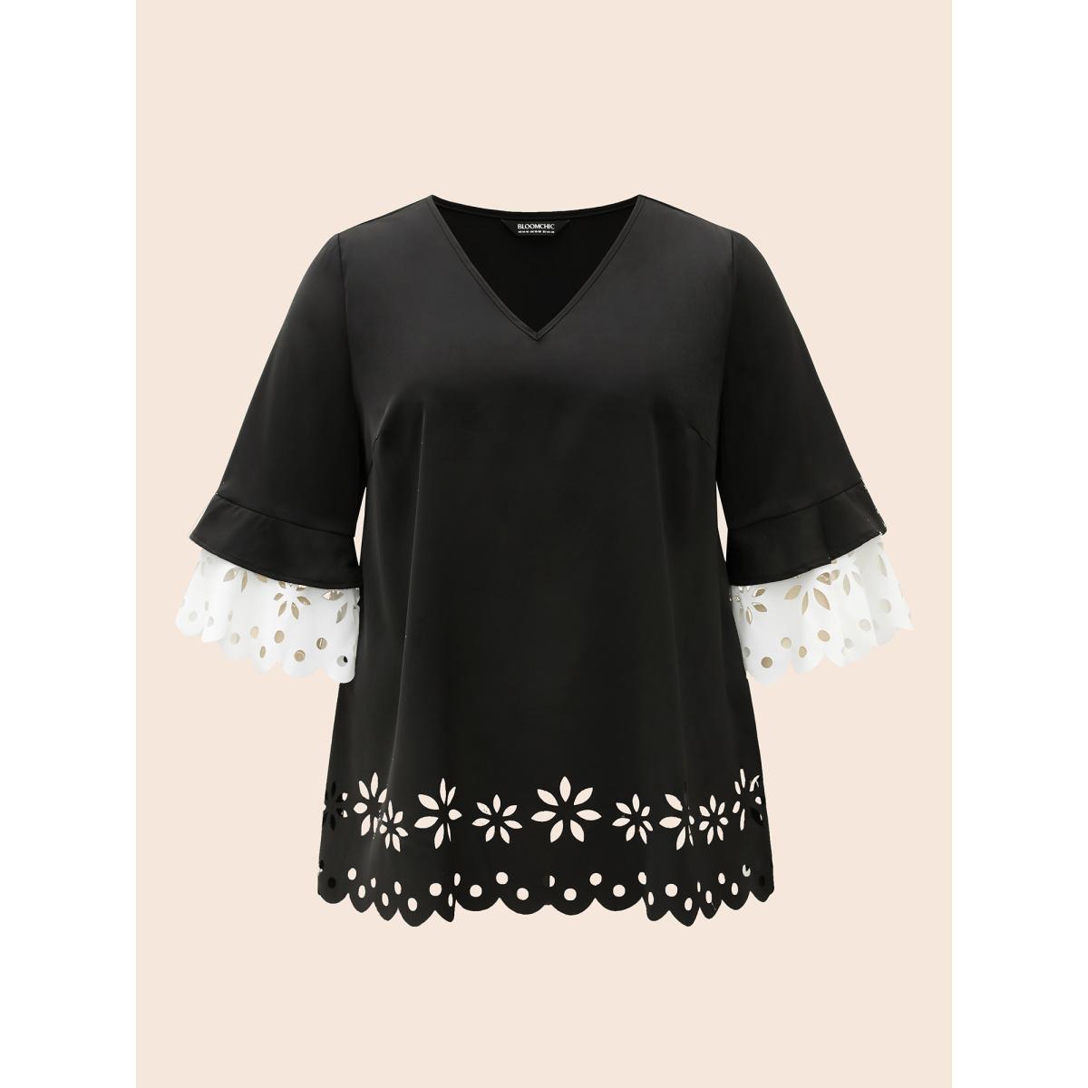 Plus Size Black Laser Cut Color Contrast V-Neck Blouse Women At the Office Elbow-length sleeve V-neck Work Blouses BloomChic 18-20/2X Product Image