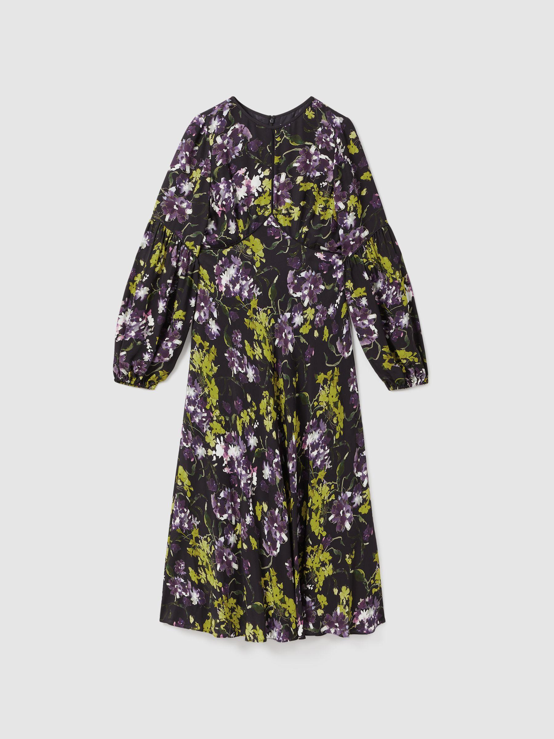 Florere Printed Blouson Sleeve Midi Dress in Dark Purple Product Image
