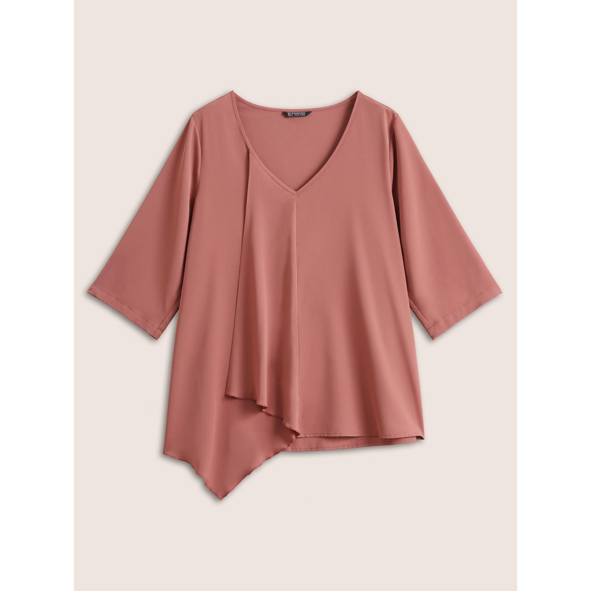 Plus Size DustyPink Static-Free Plain Asymmetrical Hem Patchwork Blouse Women Work From Home Elbow-length sleeve V-neck Work Blouses BloomChic 22-24/3X Product Image