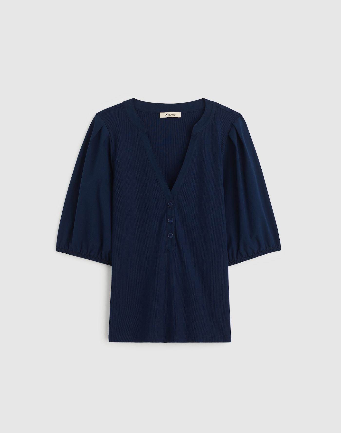 Puff-Sleeve Henley Knit Top Product Image