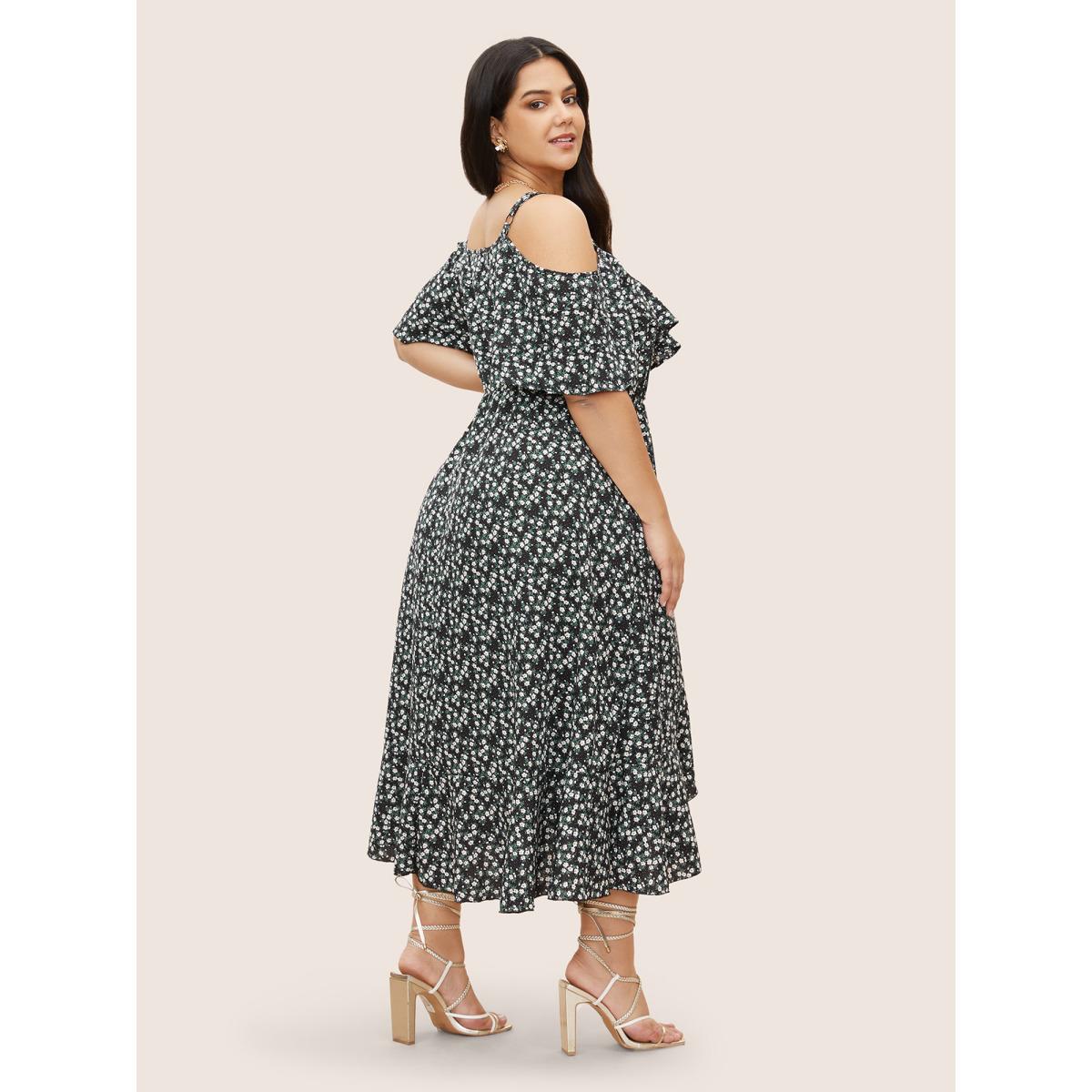 Plus Size Ditsy Floral Pocket Wrap Cold Shoulder Ruffle Dress Black Women Elegant Non Overlap Collar Short sleeve Curvy Midi Dress BloomChic 12/L Product Image
