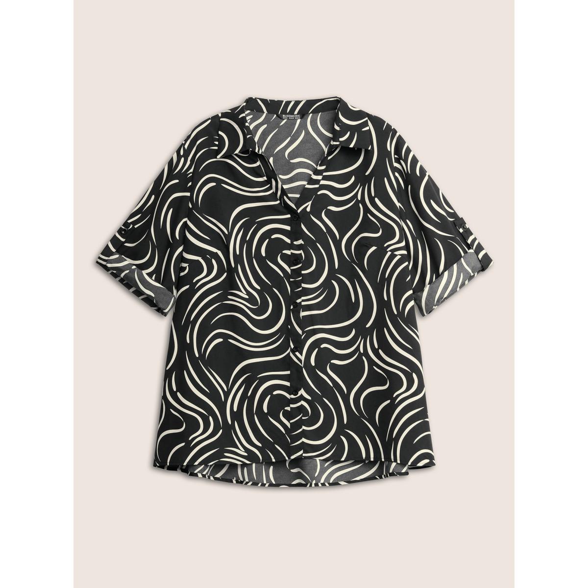 Plus Size BlackFlower Shirt Collar Stripes Button Cuff Sleeve Blouse Women At the Office Elbow-length sleeve Shirt collar Work Blouses BloomChic 14-16/1X Product Image