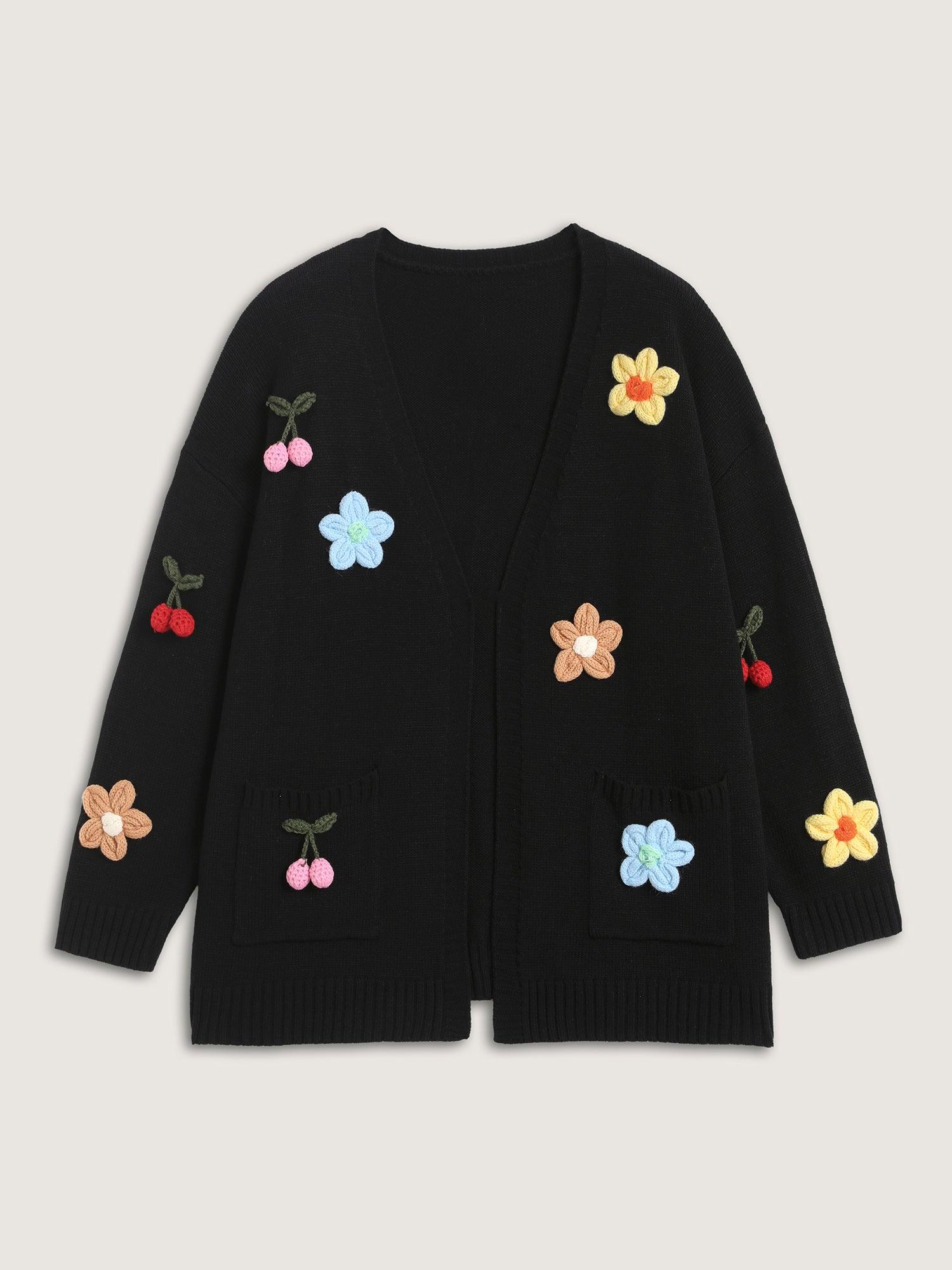 Crochet Floral Front-Open Pockets Knit Cardigan Female Product Image