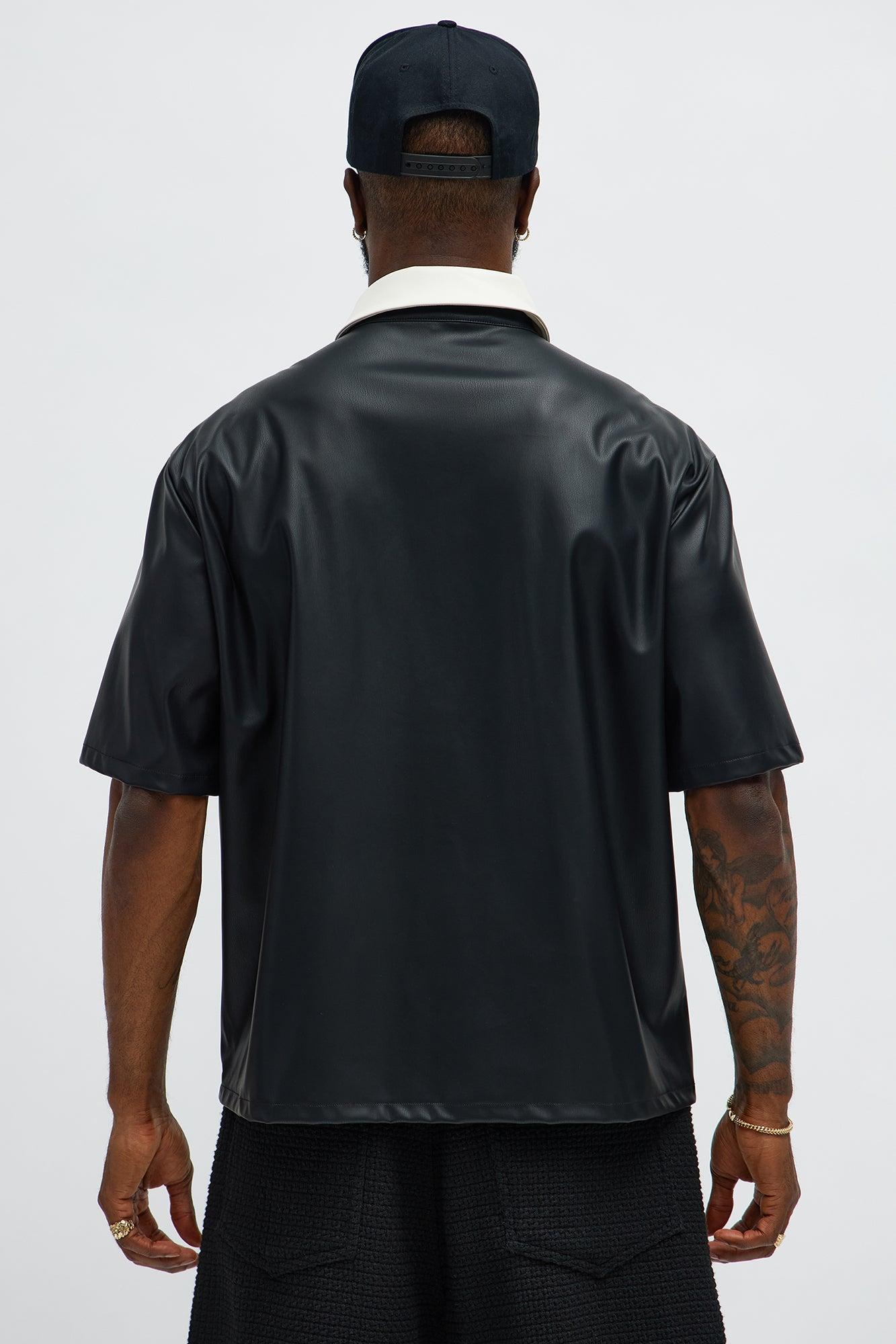 Cropped Colored Collar Faux leather Button Up Shirt - Black Male Product Image