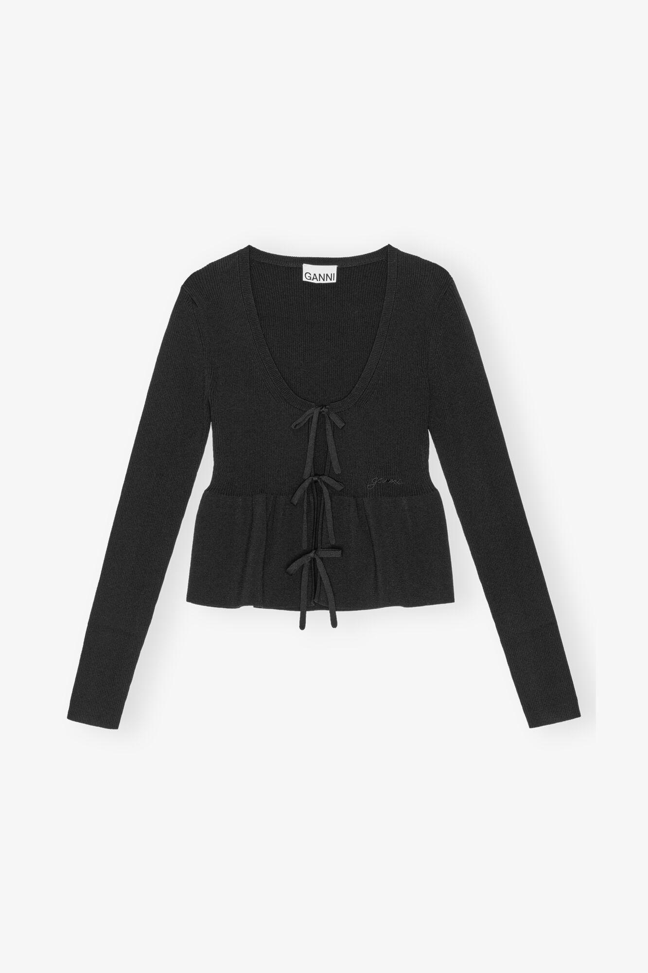 Black Rib Knit Tie String Cardigan Product Image