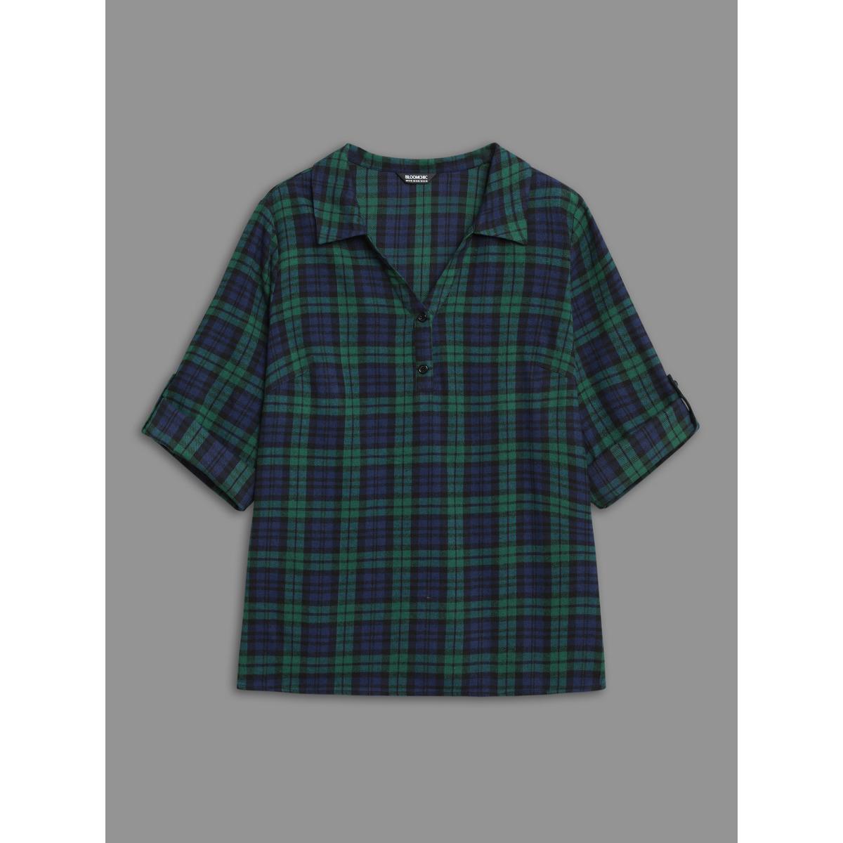 Plus Size DarkGreen Plaid Print Tab Sleeve Blouse Women At the Office Elbow-length sleeve Shirt collar Work Blouses BloomChic 28/5X Product Image