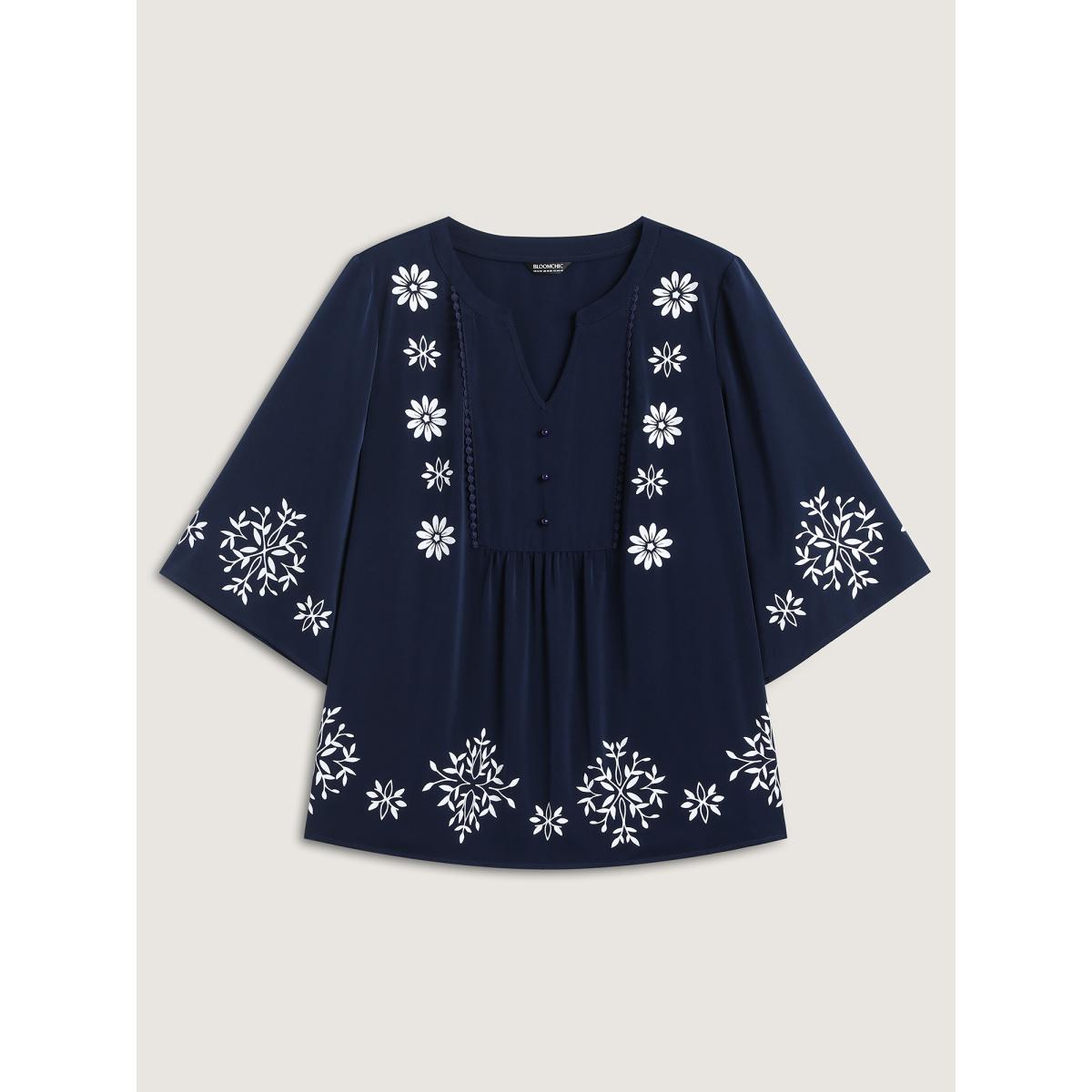 Plus Size DarkBlue Floral Print Button Detail Solid Blouse Women Boho Elbow-length sleeve Flat collar with V-notch Vacation Blouses BloomChic 28/5X Product Image