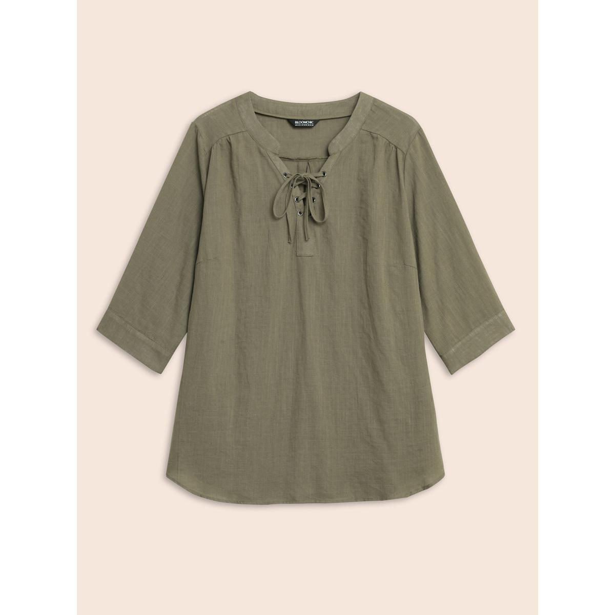Plus Size ArmyGreen Solid Cross Straps Pleated Blouse Women Elegant Long Sleeve V-neck Everyday Blouses BloomChic 22-24/3X Product Image