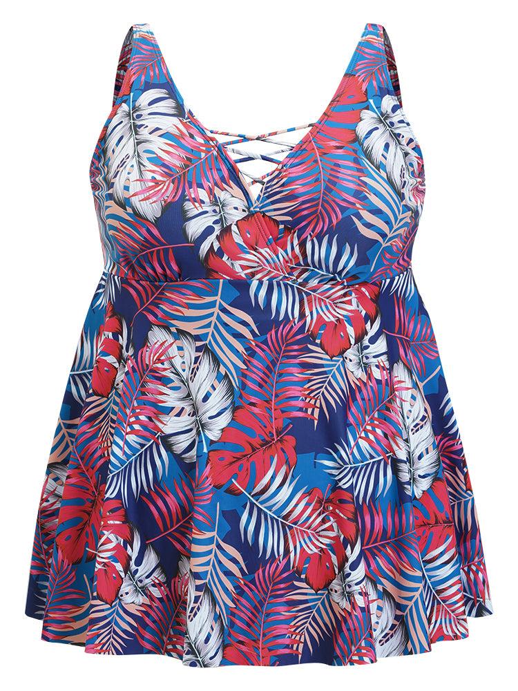 Tropical Print Wrap Ruffles Crisscross Swim Dress Female Product Image