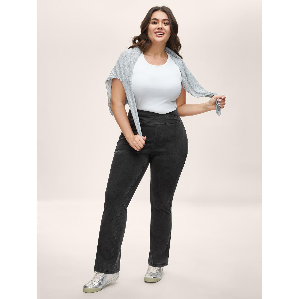 Plus Size Overlap Waist Stretchy Knit Bootcut Jeans Women Denimblack Casual Medium stretch Slanted pocket Jeans BloomChic 18/2X Product Image