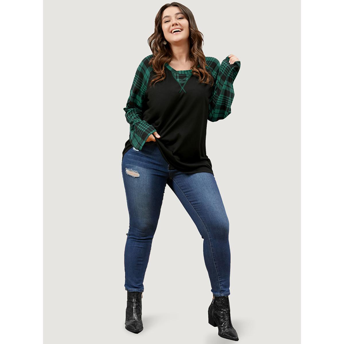 Plus Size Plaid Patchwork Bell Sleeve Long Tee DarkGreen Women Casual Contrast Plaid Round Neck Dailywear T-shirts BloomChic 10/M Product Image