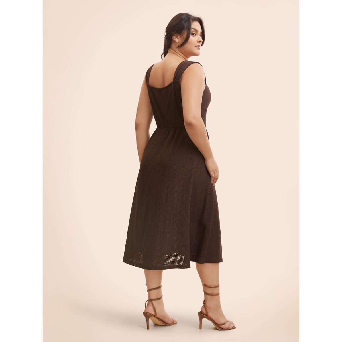 Plus Size Tie Neck Sleeveless Ruched Pocket Dress Browncoffeecolor Women Elegant Tie knot Heart neckline Sleeveless Curvy BloomChic 14-16/1X Product Image